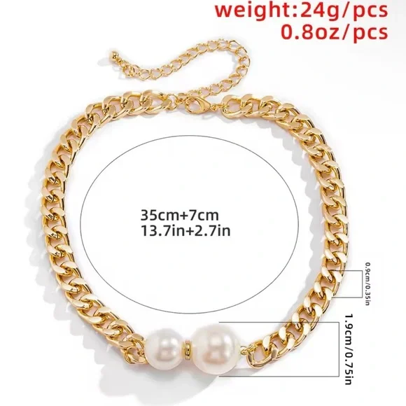 Gold Pearl Accent Chunky Chain Choker Necklace - Picture 3 of 3